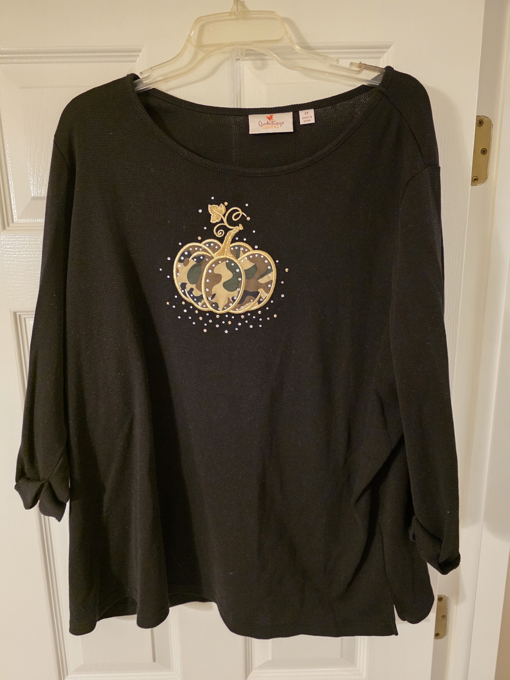 Quacker Factory Black Sweatshirt with Gold & Camo Pumpkin